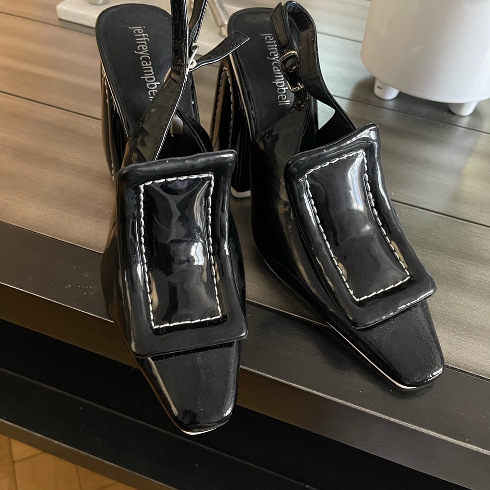 Jeffrey Campbell Glossy Black Heels with Buckle Accent
